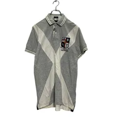 TOMMY HILFIGER 半袖 ポロシャツ S グレー オフホワイト トミーヒルフィガー 切替 ワッペン 袖ロゴ 古着卸 アメリカ仕入 a604-5637