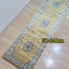 プリント キッチンマット　50×240㎝　ゴールド　光沢　軽い　アンティーク調　ペルシャ風プリント　ロングマット　黄色　イエロー