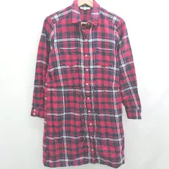 ◇ ⊇ ナチュラルビューティーベーシック チェック柄 長袖 膝丈 ドロストシャツワンピース サイズM レッド系 レディース E  【1508060026088】