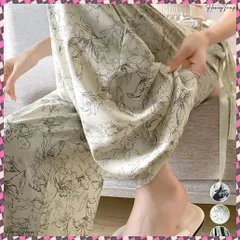 送料無料 総柄ワイドパンツレディースウエストリボン ストレートパンツ ウエストゴム イージーパンツ 体型カバー 冷感タッチ ボトムス ハイウエスト 韓国風 美脚ロングパンツ さらとろボトムス夏 薄手パンツ 涼しげ 楽チンパンツ 花柄