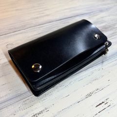 【トラッカーウォレット ロング 2層】 ブラック 本革 小判カン シルバー