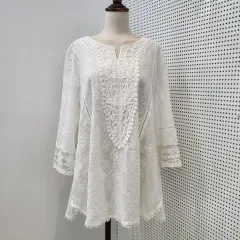 F JPN 白 すべての刺繍 レース ヘム手術 ブラウス