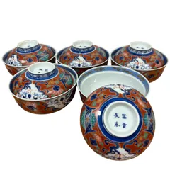 明治期 伊万里焼 冨貴長春 色絵蓋茶碗 五客 牡丹 草花 時代【CM54】 明治期 伊万里焼 冨貴長春 色絵蓋茶碗 五客 牡丹 草花 時代【CM54】