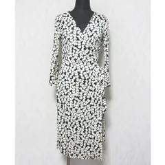 美品 DIANE VON FURSTENBERG ダイアンフォンファステンバーグ シルク100% ラップドレス カシュクールワンピース 2 ブラック ホワイト レディース 古着 中古 USED