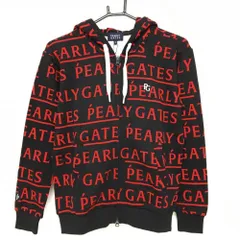 【新品】パーリーゲイツ ジップパーカー 黒×レッド ロゴ総柄 刺しゅう白 レディース 0(S) ゴルフウェア PEARLY GATES
