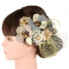 髪飾り 成人式 振袖 前撮り 袴 花 9点セット 白 ベージュ ゴールド パール ビーズ レース 造花 ベロア調 ユニーク 個性的 花ご No.12-0759
