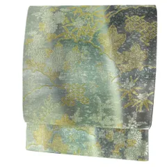 【中古】 袋帯 唐織 正絹 全通 緑 黒 黄色 金 花 桜 菊 牡丹 雪輪 雲 七宝繋ぎ 和柄 西陣織 リサイクル 中古 着物 和装 上品 No.6-1709