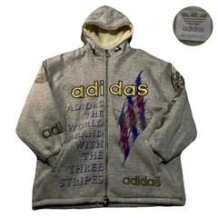 adidas アディダス Zip-upHoodie ジップアップパーカー AllOverPrint プリントロゴ デカロゴ Drawcord ドローコード DESCENTE デサント 日本製 銀タグ 80s 霜降り Grey グレー XL相当