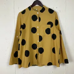 水玉 ドット 総柄 ノーカラー デザイン 長袖シャツ 古着 レディースL からし色 黄色 イエロー【f240212011】