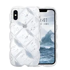 新品 GUAGUA iPhoneXS ケース クリア ウェーブ iPhoneX 菱形バック いphone X XS 透明 うねうね スマホケース TPU キラキラ 菱形 凸凹 アルミ箔シルバー 可愛い 韓国 人気 耐衝撃 超軽量 おしゃれ バンパー ストラップ