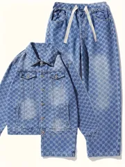 セットアップ 高品質 コットン デニムスーツジャケット パンツセット メンズ カジュアル トレンディ デニムジャケット メンズジャケット セットアップ販売 メンズファッション おしゃれ 総柄 ビンテージ  ギフト デニムブルー