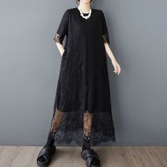 モード系  重ねたデザイン ブラック  レース  ５分袖  レイヤード  個性派  夏ワンピース ラウンドネック  お洒落 半袖ワンピース  ハーフスリーブドレス  ロング丈 パーティドレス