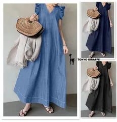 ワンピース レディース 夏 ロングワンピース リゾートワンピース フレア マキシ丈ワンピース  デニム Aライン Vネック 着痩せ ロング マキシ 春