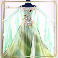 【美品 社交ダンス衣装】グリーン ワンピース ドレス 緑 エメラルドグリーン 黄緑 デモ 競技用 フロート レース 綺麗 ダンス用 きれいめ かわいい 淡い パステル ダンス ダンスウェア エレガント ゴージャス 長袖 豪華 派手 大人っぽい スカート ロング