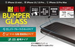 【訳アリ B級品 特別価格】【２個セット】Ⓢ13 mini 用、Ⓜ16e / 14 13 / 13 Pro 兼用、Ⓛ13 Pro Max 用、ポリカーボネイト製バンパーで保護した iPhone用 耐衝撃ガラスフィルム「BUMPER GLASS」