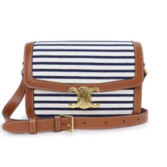 セリーヌ クラシック トリオンフ ショルダーバッグ 斜め掛け カーフスキン レザー ストライプテキスタイル ホワイト ネイビー タン 茶 ゴールド金具 191242DKU.07AT CELINE（未使用　展示品）