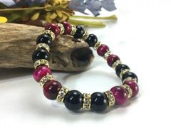 ピンクタイガーアイ&オニキス パワーストーン ブレスレット 天然石 10mm （ゴールド）メンズ・レディース　男性・女性　数珠ブレス　開運 [17]