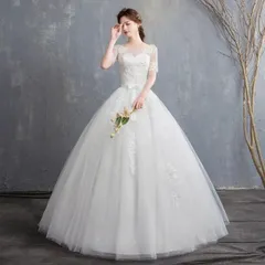 ウェディングドレス Aライン 袖あり 結婚式 花嫁ドレス 体型カバー 着痩せ 白 ホワイトドレス 披露宴 二次会 ブライダルドレスのサムネイル