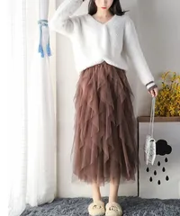 【タグ付新品未使用】[seu22q11050ブラウン] Aラインロングランダムチュールスカート ハイウエスト ゆったり オールシーズン 韓国ファッション