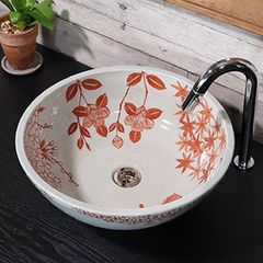 信楽焼 手洗い鉢 洗面ボウル 陶器 直径41cm 中型サイズ 紅四季絵手洗い鉢 tr-3266