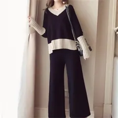 ニットセットアップ レディース セーター 上下セット Vネック 長袖 配色切り替え 細身 ワイドパンツ スタイリッシュ カジュアル フォーマル 冬物【0807①】