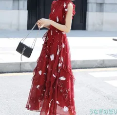 ロングワンピース シフォン ノースリーブ ワンピース 透け感 レッド ネイビーブルー 夏 フレア シースルー パーティー 0718