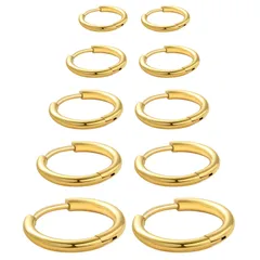 【特価商品】人気 シンプル 金属アレルギー対応 セット 5ペア（サイズ10mm-18mm、幅2mm、 イヤリング サージカルステンレス 両耳用 レディース ゴールド、シルバーブラック） メンズ リング フープピアス Senteria