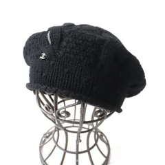 美品★正規品 CHANEL シャネル ココマーク×チェーン付 カシミヤ100％ ニット帽／ベレー帽／帽子 ブラック×シルバー金具 レディース 伊製のサムネイル