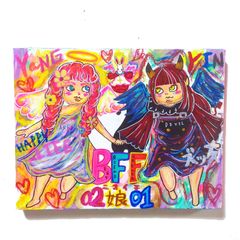 F6号//お値下げOK】2娘1（ニコイチ）絵画 現代アート 一点物