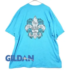【肩幅62cm】【BSフレアデザイン】GILDAN ギルダン Praying for Pam 紋章 両プリ 半袖Tシャツ 2XLサイズ　コットンポリエステル（90/10） ブルー 【湘南倉庫】USアメリカ古着　ビッグサイズ　ゆるだぼ T9