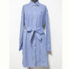 美品 POLO RALPH LAUREN ポロラルフローレン リボンベルト付き ストライプ柄 長袖 ひざ丈 シャツワンピース 6 ブルー系 レディース 古着 中古 USED