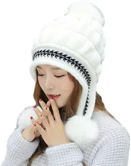 Coco&Mary(ココマリ) ニット帽 レディース ポンポン 付き あったかい 裏ボア 冬 帽子 耳当て キャップ 防寒( ホワイト,  Free Size)