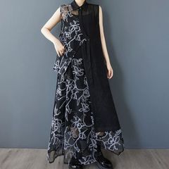 モード系  セットアップ  個性派  上下セット ロングスカート  刺繍メッシュ  ノースリーブ   シャツ＆スカートセット 2点