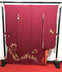【中古】Lサイズ 振袖 正絹 臙脂地に花鳥模様
