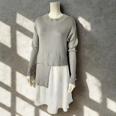 バラク BARAK　ロングリブスリーブ レーヨンニット アシメニット レーススカート ドッキングワンピース　ライトグレー/ホワイト バイカラー　レディース