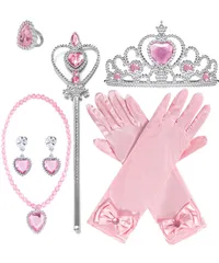 【新着商品】ハロウィン 変身 髪飾り クリスマ かつら イヤリング ネックレス パーティー 手袋 指輪 魔法のステッキ 文化祭 ティアラ 子供 おもちゃ 飾り 演奏会 女の子 コスプレ用 7点セット (ピンク) アクセサリー プリンセス [DFsucces]
