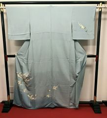 【中古】 Mサイズ 付け下げ 正絹 付下げ訪問着 水色地に枝花模様 袷着物 