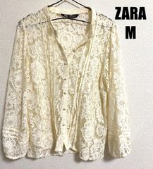 ZARA 白 トップス レース ブラウス シャツ パール ボタン 花柄 総柄 M 長袖