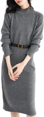 J-Scott ジェイスコット ニットワンピース レディース ひざ丈 長袖 無地 モックネック リブ Iライン シンプル 柔らかい(グレー,  S)
