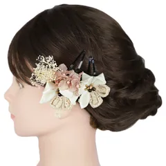 七五三 髪飾り 三歳 七歳 日本髪 花 2点セット 白 ピンク ベージュ つまみ細工 菱つまみ カスミソウ レースリボン パッチン留 No.9-5422