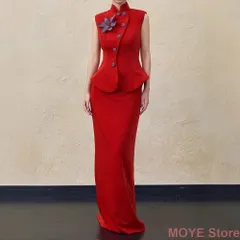 チャイナドレス チャイナドレス ワンピース ロングドレス ドレス パーティー 赤 レッド  結婚式 二次会 お呼ばれ 演奏会 パーティードレス マキシ丈 袖なし チャイナカラー コサージュ 1347