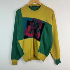 ANOTHER LIFE by RENOWN ニット セーター 幾何学模様 古着 メンズ イエロー グリーン カラフル Lサイズ クレイジーパターン ストリート