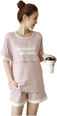 Miwoluna ミウォルナ マタニティ 授乳服 パジャマ ルームウェア セットアップ スウェット 授乳口 前開き 半袖 ショートパンツ 半パン(ピンク,  M)