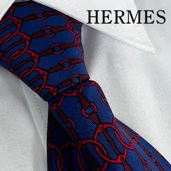 《美品》HERMES (エルメス) シルク ネクタイ ブルー 赤ベルト チェーン