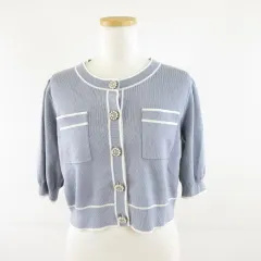 イング INGNI 配色半袖ニットカーディガン クロップド丈 青 M *A81