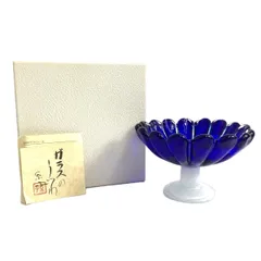 青色 花模様 ガラス皿 丸型　岩田糸子 青色 花模様 ガラス皿 丸型 岩田糸子