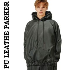 フェイクレザー メンズ パーカー 光沢 無地 フーディー PUレザー ロック パンク ファッション 黒 ブラック ロックファッション モード系 ビメタ ロックな服装 ロック系 パンク系 V系 レザーパーカー ストリート アメリカン かっこいい 秋 冬