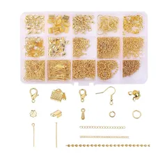 YFFSFDC 金具セット 15種 ハンドメイド アクセサリーパーツセット ゴールド アクセサリー パーツ ジュエリー ボールチップ チェーン ワニ口 DIY用 手芸用品 (ゴールド)