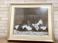 鶴 工芸画 美術品 アート 絵画 額付き サイン入り インテリア雑貨 飾り 額縁 額付絵画 額寸62.3×54.5 作者不明(他114)