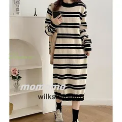 ニットワンピース ワンピース 秋冬 ロングワンピース ミモレ丈 ボーダー 柔らか 20代30代 セーター 50代 アウター 長袖 ゆったり 大人 体型カバー ニット ant4y995787